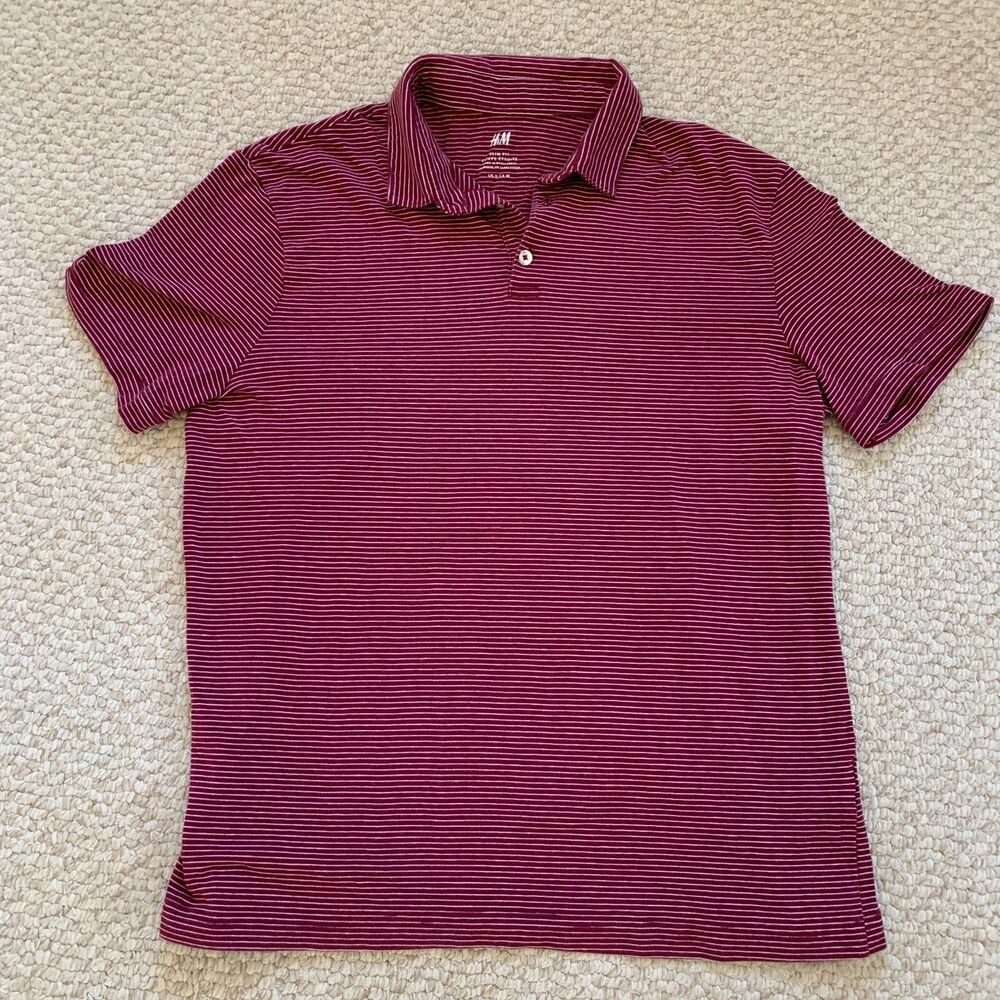 H&M Stretch Slim Fit Red Striped Polo Size M